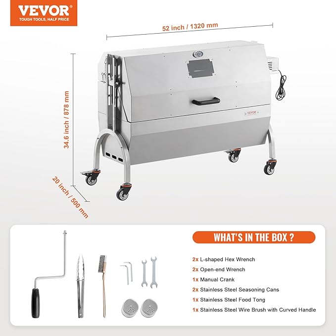 VEVOR Rotisserie Grill with Hooded Cover Roaster, 46 Inch 198Lbs Capacity, BBQ Outdoor Pig Lamb Rotisserie Roaster, Electric 52W Motor Stainless Steel Roasterfor Camping Outdoor Barbecue