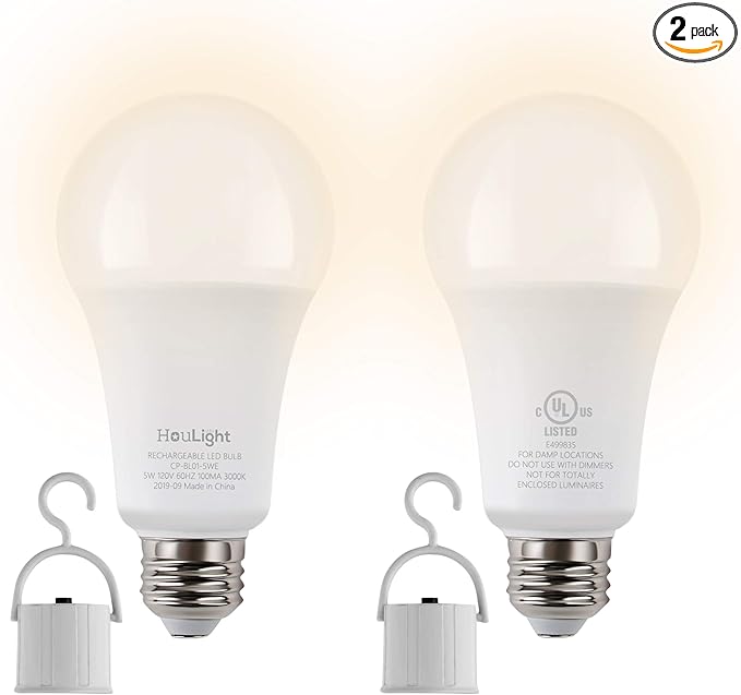 5W Rechargeable Emergency LED Light Bulbs with Back Up Battery for Power Outage, Camping, Hurricane, Disaster Planning, 40W Equivalent, UL Certified (3000K Soft White, 2-Pack)