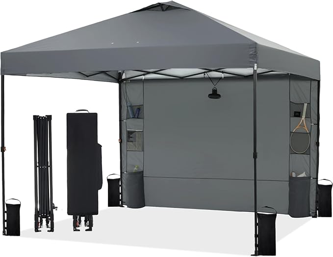 12'x12' Pop Up Canopy Tent with 1 Sidewall and 6 Pockets, One Push Setup, Instant Shade Tent with Vented Roof for Beach Patio Outdoor, Case, 8 Stakes, 4 Ropes, 4 Sandbags (Gray, 12x12)