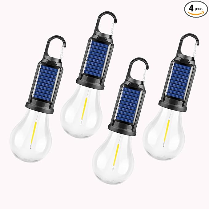 MODOAO 4 Pack Solar LED Camping Light, Rechargeable Outdoor Tent Lantern, Emergency Bulb Light with Clip Hook, Suitable for Camping, Hiking, and Barbecues