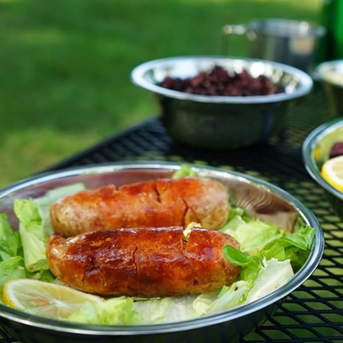 Portable Camping Tableware Stainless Steel Plates Bowls for Hiking Picnic Outdoor Use with Mesh Bag for Easy Cleaning and Drying