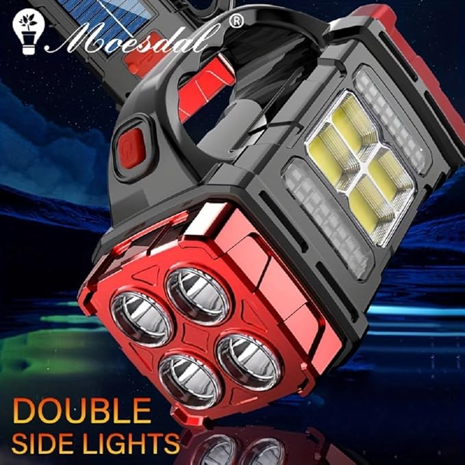 High Lumens Solar Flashlight - LED Work Light with USB-C Rechargeable, Waterproof, Multi-Function Flashlight & Lantern for Camping, Emergencies, and Outdoor(RED)