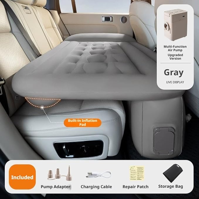Inflatable Car Air Mattress Travel Bed, Thickened Car Camping Bed Sleeping Pad with Air Pump, Inflatable Pillows for Back Seat, Side Seat,Trunk Sleeping (Beige 1set)