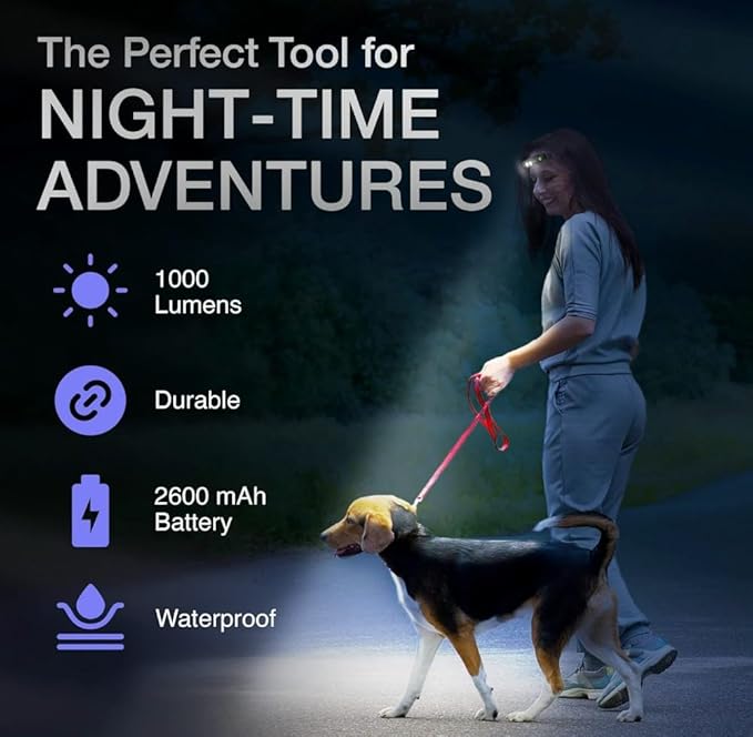 K-Bern Rechargeable Headlamp. 1200 Lumen, Super Bright Head Lights for Forehead. Waterproof, Lightweight Aluminum, 2600mAh Battery, Perfect for Dog Walking, Camping, Hiking & Hard Hats
