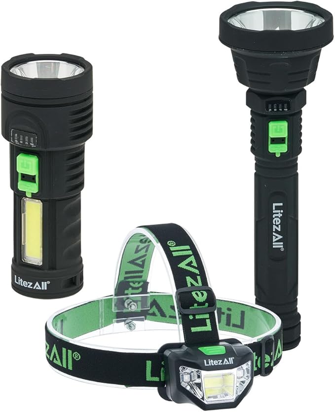 LitezAll Rechargeable Flashlight and Headlamp Combo Pack | 1000 Lumen LED Handheld Flashlight & 250 Lumen Head Lamp | USB Rechargeable, Weather Resistant, Red Light Mode for Camping & Emergencies