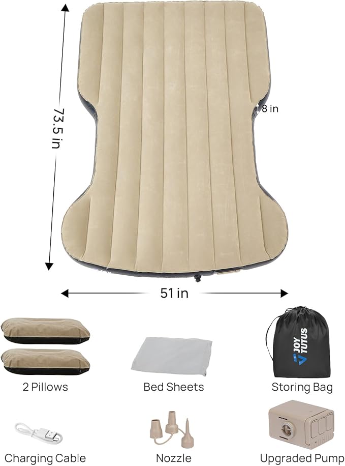 JOYTUTUS Model Y Air Mattress, Self-Inflating Camping Bed Compatible with Tesla Model Y, Upgraded Built-in Pump, Soft Bed Sheets, 2 Pillows,Camel
