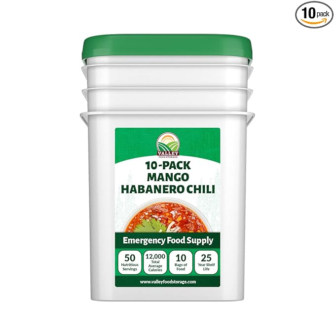 Valley Food Storage Mango Habanero Chili | 10-Bag Bucket, 50 Servings | Premium Emergency Food Supply, 25 Year Shelf Life | Survival Meal Kits, Prepper Food & Off-Grid Living Supplies, Packaged in USA