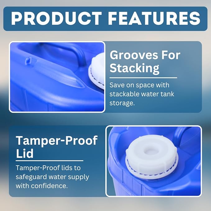 5-Gallon Stackable Water Storage Containers, 5 Gallons Each w/Lids + Spigot, Easy Fill, Survial Supply Emergency Water Storage for Camping and Disaster Preparedness, RV, 50 Gallon (10 Tanks)