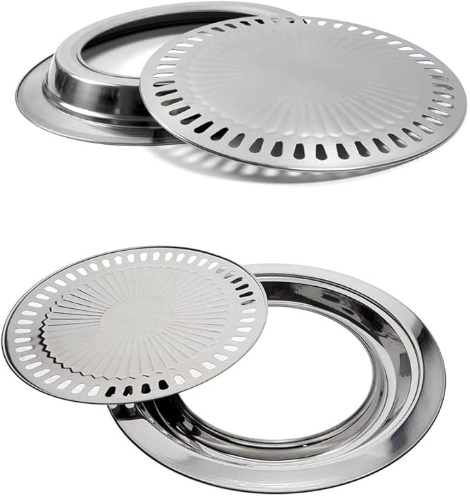 Saim Korean BBQ Grill Pan,Stainless Steel Non-Stick Roasting Smokeless Barbecue Grill Pan,Round Korean Style Stovetop for Indoor Outdoor Camping BBQ