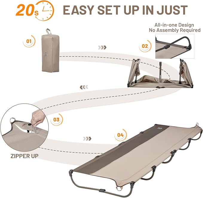TIMBER RIDGE 20-Second Quick Set-Up Camping Cot, Lightweight Aluminum Folding Cot with Zipper Closure, Portable Carry Bag Included for Camping, Travel and Outdoors, Support up to 225lbs, Tan 2pcs