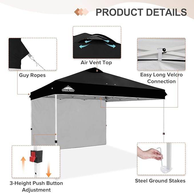 EAGLE PEAK Commercial Canopy 12x12 Pop Up Canopy Tent with 1 Sidewall, Easy Setup Heavy Duty Instant Event Shelter for Vendors & Markets, Outdoor Sun Shade, Black