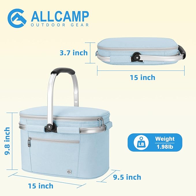 ALLCAMP Picnic Basket - Insulated Cooler, Thickening Foldable Picnic Basket with Removable Baskets & Sewn-in Frame, Basket for House Warming Gifts New Home(Light Blue)