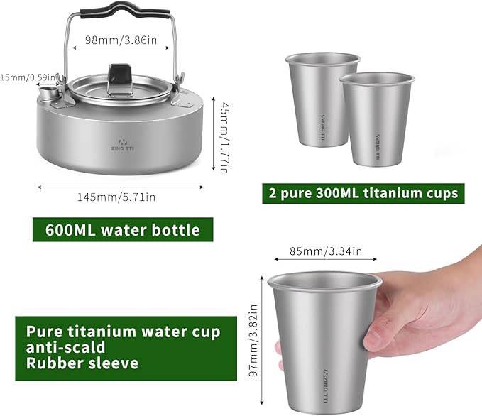 ZING TII Titanium Camping cookware Set, Camping Essentials，Camping Pot，Camping Gear，Camping pots and Pans Set with Pots, Cups，Pans，Tableware.