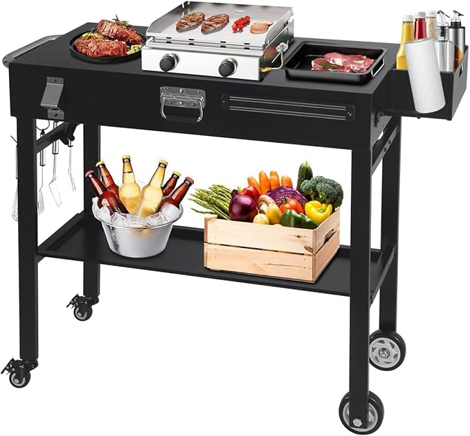 BBQ Cart for Blackstone Griddle 22 & 17 Inch | Portable Rolling Prep Table with Storage Shelf & Lockable Wheels for Outdoor Cooking & Camping