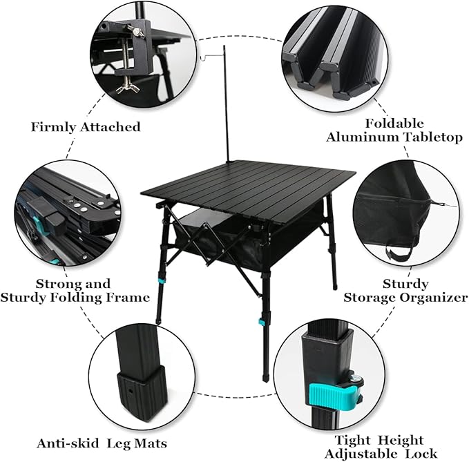 Folding Camping Table Portable with Large Storage Organizer and Lantern Pole, Lightweight Compact Aluminum Foldable Table for Outdoor, Picnic, Fishing, Backpacking, Hiking, Cooking