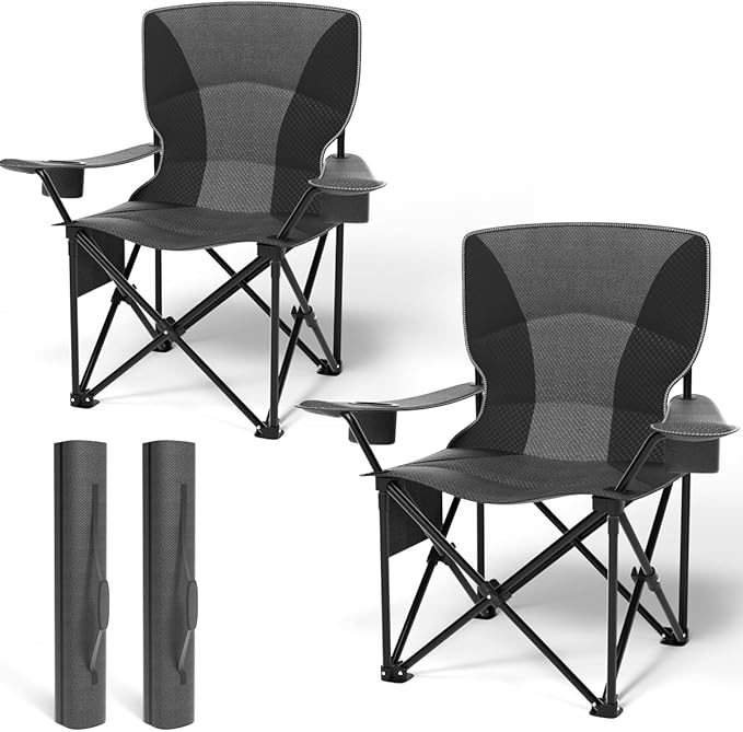 Heavy Duty Folding Chair 500LB Capacity, Oversized Camping Chairs with Cup Holder, Cooler Bag & Storage Pouch, Double-Layer Fabric, Outdoor Chairs for Sports, Lawn Chairs (2, Black Grey, Oversized)