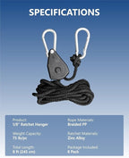1/8" Adjustable Grow Light Hangers: 8 Pack Easy of Use Ratchet Ropes - Quick Hanging Accessories for Grow Tent