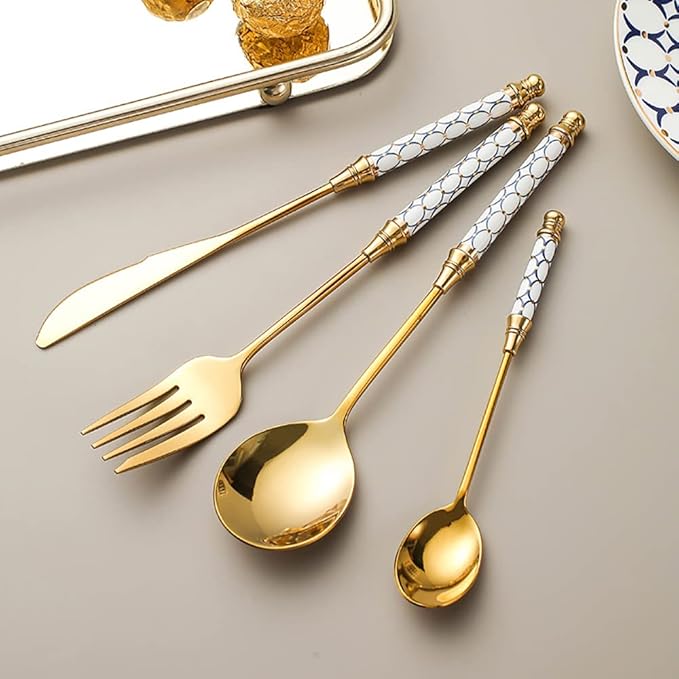 Luxury 16 Pieces Silverware Set for 4, Modern Unique Stainless Steel Gold Flatware Cutlery Set, Eating Tableware Utensils for Home Restaurant Wedding Party