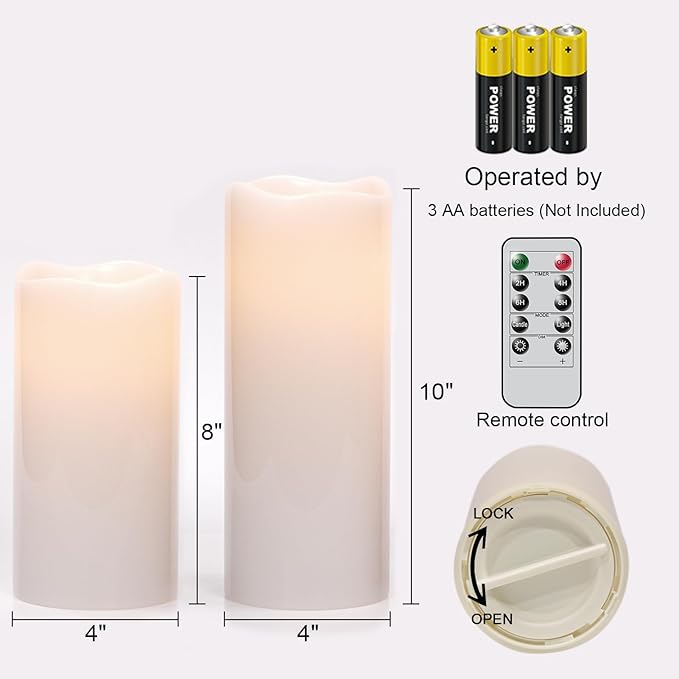 Wondise Waterproof Flameless Flickering Candles with Remote and Timer, Outdoor Waterproof Plastic LED Candels Battery Operated Pillar Candles for Ourdoor Garden Yard Decor (D4 x H 8" 10")