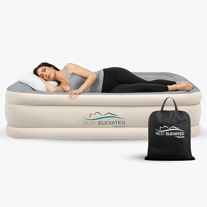 RestElevated Luxury Pillow Top Queen Size Air Mattress with Built in Pump | 20" Raised Height with Coil Beam Support | Adjustable Blow Up Air Bed | for Home, Guests and Camping [Cream with Grey Top]