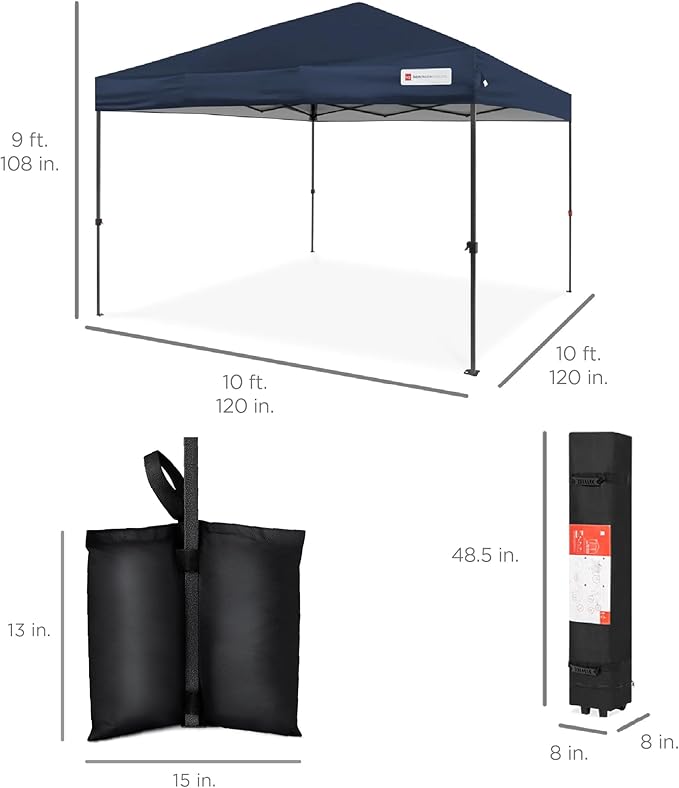 Best Choice Products 10x10ft Pop Up Canopy Tent, Outdoor Shade, 1 Person 1 Minute Set Up, Carry Case, 4 Weight Bags - Navy Blue
