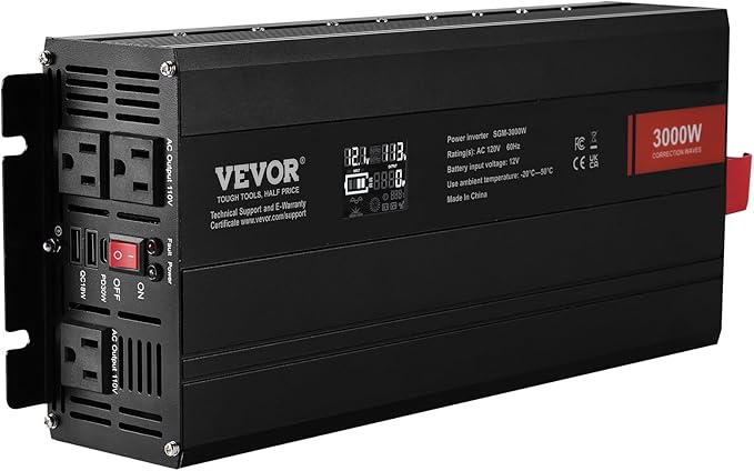 VEVOR Modified Sine Wave Inverter, 3000Watt, DC 12V to AC 120V LCD Display Power Inverter with 3 AC Outlets 2 USB Port 1 Type-C Port 10 Spare Fuses, for Large Household Equipment, CE FCC Certified