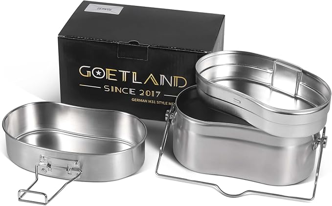 Goetland German Style M31 Military Mess Kit Mess Tin 304 Stainless Steel Backpacking Cookware Set Camping Pot Pan Set
