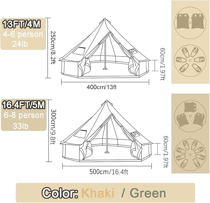 Backpacking Bell Tent with Top Stove Jack for All Year Living, 300D Oxford Waterproof Yurt Tents House for Camping Glamping, Parties, Outdoor Events-13/16.4FT