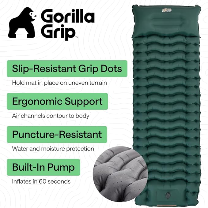 GORILLA GRIP Slip-Resistant Inflatable Sleeping Pad, Puncture Resistant Lightweight Camping Mattress, Foot Pump, Air Mats for Travel Backpacking, Inflating Bed Camp Sleep Pads for Tent, Hunter Green