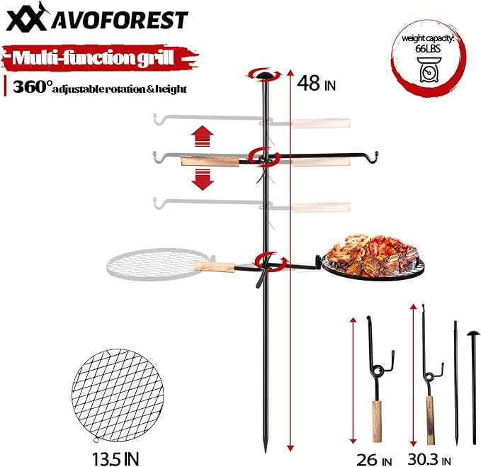 Swivel Campfire Grill Grate Heavy Duty Camping Grill 360° Adjustable Over Fire Pit Grill for Outdoor Barbecue Camping Garden Dinner - 48" Rustproof Long Stakes