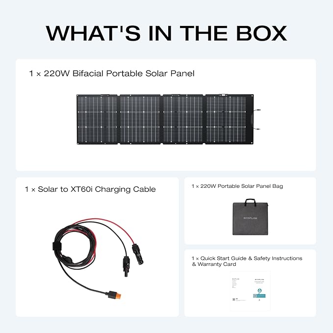EF ECOFLOW 220W Portable Solar Panel, Bifacial Design Up to 25% Conversion Efficiency N-Type Solar Cell, with Adjustable Kickstand, IP68 Waterproof, Foldable Solar Panel for Camping RVing Home Backup