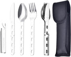4-in-1 Camping Spoon Fork Knife Combos Set of 4 - Portable Stainless Steel Flatware Spoon Fork kit - forks Knife & Bottle Opener Combo Pack for Picnic Hiking Travel