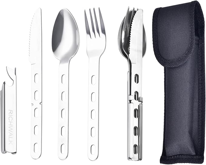 4-in-1 Camping Spoon Fork Knife Combos Set of 4 - Portable Stainless Steel Flatware Spoon Fork kit - forks Knife & Bottle Opener Combo Pack for Picnic Hiking Travel