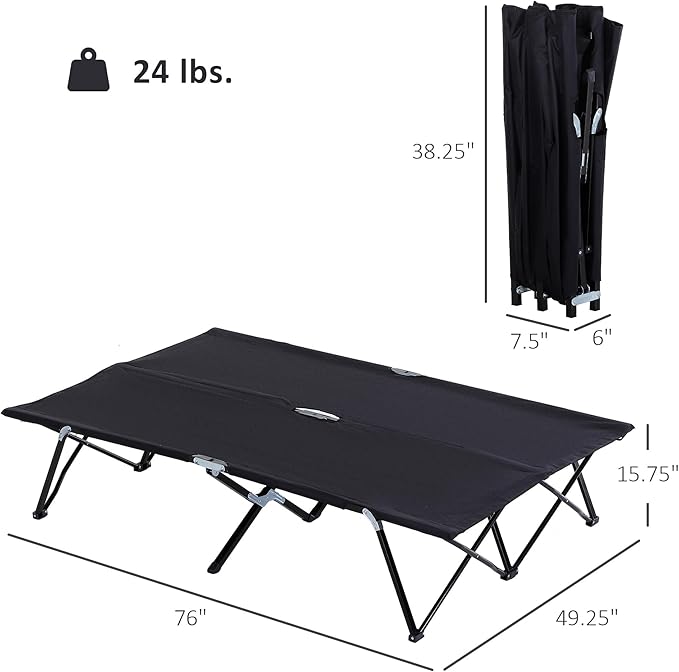 Outsunny 2 Person Folding Camping Cot for Adults, 50" Extra Wide Outdoor Portable Sleeping Cot with Carry Bag, Elevated Camping Bed, Beach Hiking, Black