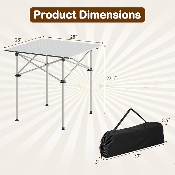 Giantex Folding Roll-up Camping Table, Outdoor Lightweight Aluminium Table for 4, Portable Square Table with Carry Bag for Picnic, Hiking, BBQ, Beach, Tailgating (28"x28"x27.5",Silver)