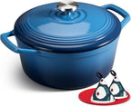 Overmont Enameled Cast Iron Dutch Oven - 5.5QT Pot with Lid Cookbook & Cotton Potholders - Heavy-Duty Cookware for Braising, Stews, Roasting, Bread Baking Blue