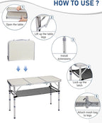 Outvita Folding Table, 3FT Aluminum Camping Table with Storage Adjustable Height Picnic Table Lightweight for Carring Outdoor Party Events Beach