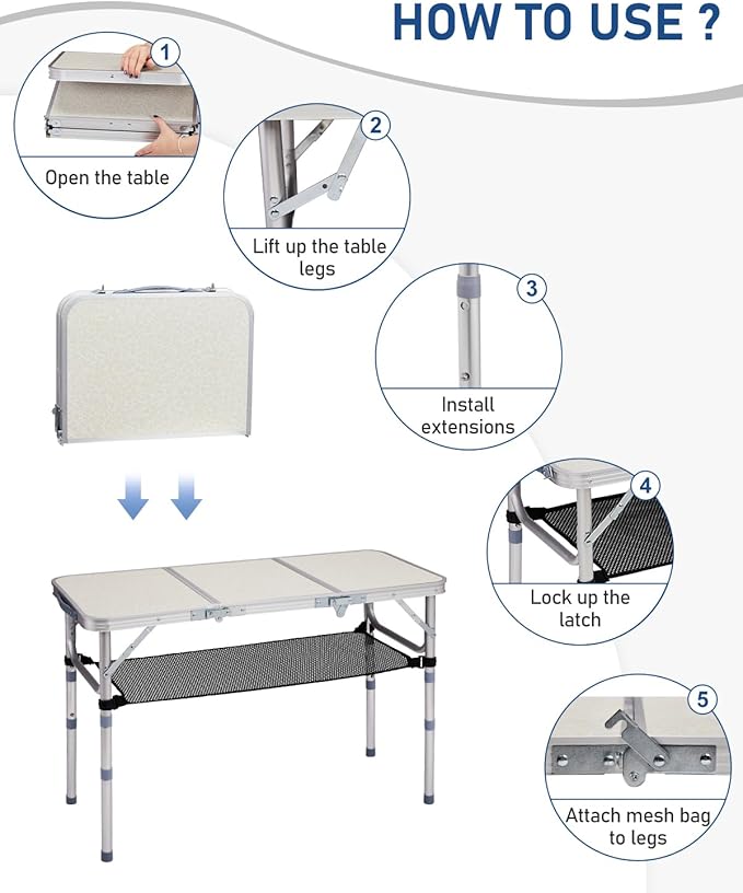 Outvita Folding Table, 3FT Aluminum Camping Table with Storage Adjustable Height Picnic Table Lightweight for Carring Outdoor Party Events Beach