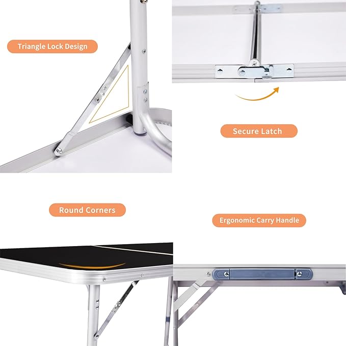 3ft Small Folding Camping Table Portable Lightweight Fold Up Utility Side Tables with Carrying Handle, Outdoor Aluminum Fold in Half Dining Card Table for Picnic Party Events (Black)
