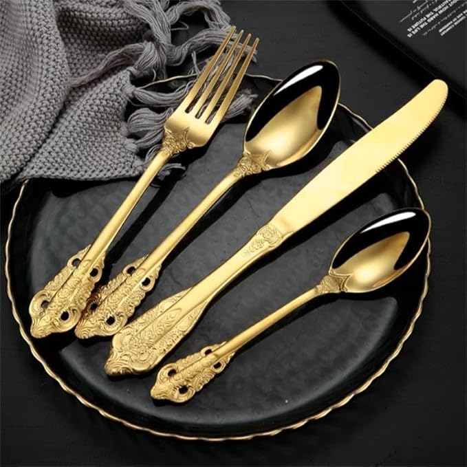 Silverware Flatware Cutlery Set， 4/16/24/32/40/48-piece Palace Tableware Set Retro Embossed Tableware Creative Golden Tableware Knife， Fork and Spoon Set，Rose Gold-12Set-48Pcs