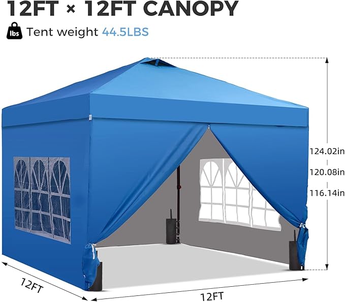 12x12 FT Pop Up Canopy, Instant Canopy Tent with 1-Button Push, 4 Removable Sidewalls, Sandbags, Wheeled Bag for Outdoor Activities & Events