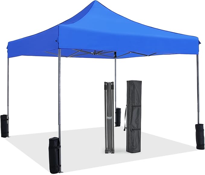 OLIXIS 10x10 Ft Waterproof Pop Up Canopy Tent, Portable Outdoor Shade Shelter with Sand Bags, Ideal for Beach, Backyard Parties & Events, Classic Blue