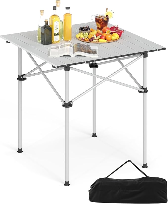 Giantex Folding Roll-up Camping Table, Outdoor Lightweight Aluminium Table for 4, Portable Square Table with Carry Bag for Picnic, Hiking, BBQ, Beach, Tailgating (28"x28"x27.5",Silver)