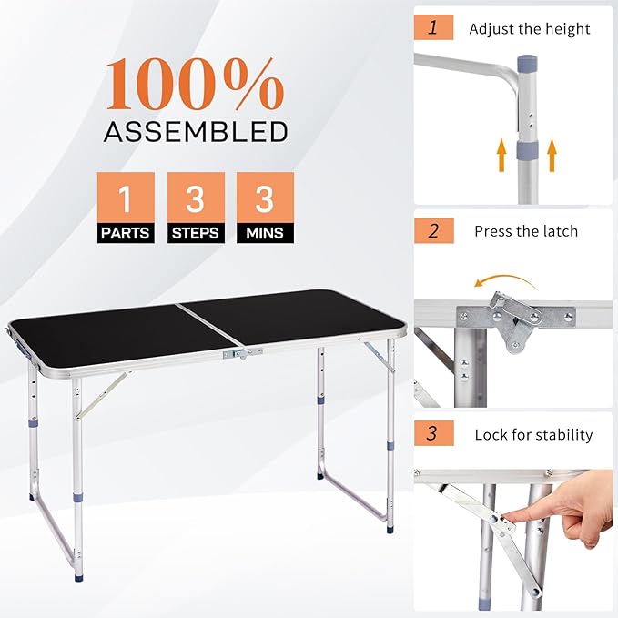 4.0 Ft Folding Portable Camping Table with Three Adjustable Heights, RV Tables for Inside a Camper, Outdoor, BBQ, Dining, Picnic, Cooking, Beach, Garden, Black