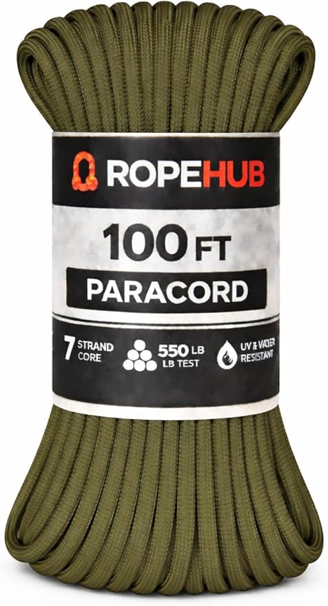 RopeHub 550 Paracord – 7 Strand Core Nylon Parachute Cord, 550 lb Test – Durable Utility Cord for Camping, Survival, DIY, Gear, Tents, Tarps – Multiple Colors & Lengths