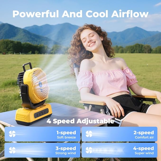 30000mAh Portable Camping Fan with RGB Lantern, Rechargeable Battery Powered Oscillating 4 Wind Speeds LED Display, Remote Control Timer Tent Beach Cordless USB Fans for Travel Home Outdoor, Yellow
