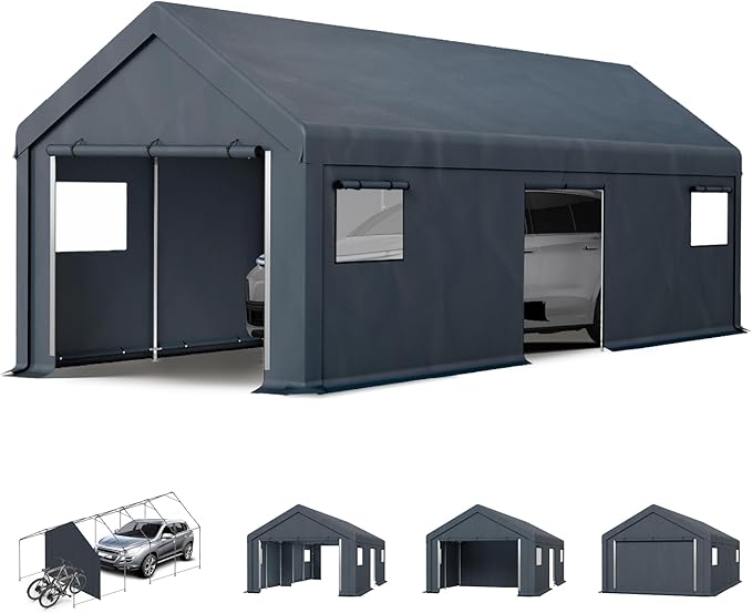 MFSTUDIO 13x24 Heavy Duty Carport, Outdoor Shades Portable Storage Shelter Garage with Rolled up Zipper Doors, Extra Large Car Canopy Tent with Roll-up Sidewalls for Boat Truck Party