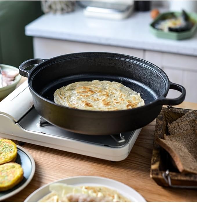 Cast Iron Skillet with 2 Handle, 22cm/25cm Rounde Mini Flat Bottomed Frying Pan for fried steakBread, Baking,Pizza, Outdoor Cooking, Camping, Grill, Stovetop, Oven Safe Cookware (9.8 x 9.8 x 1.8 in)