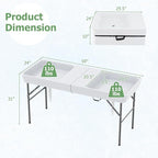 Giantex 5 FT Folding Ice Table with Double Sinks and Drains, Portable Ice Cooler Table with Removable Skirt, No Assembly, Foldable in Half, Fill and Chill Stand for Party Camping BBQ Wedding, White