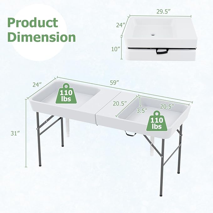 Giantex 5 FT Folding Ice Table with Double Sinks and Drains, Portable Ice Cooler Table with Removable Skirt, No Assembly, Foldable in Half, Fill and Chill Stand for Party Camping BBQ Wedding, White